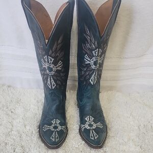 Blue Heeled Boots with Intricate Design